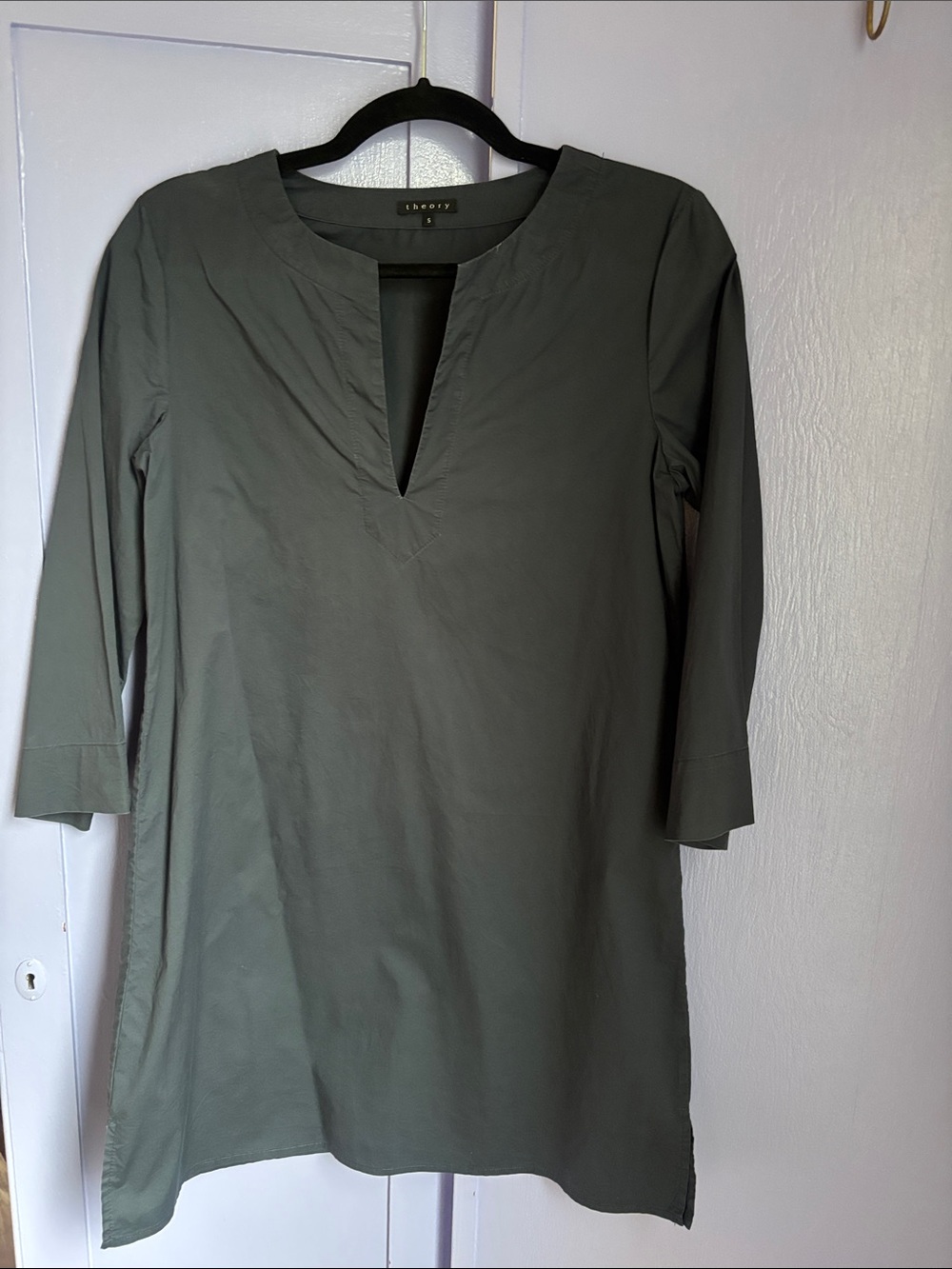 Theory Split-Neck Shift Dress Navy Blue Cotton Tunic Mini 3/4 Long Sleeve S Gray